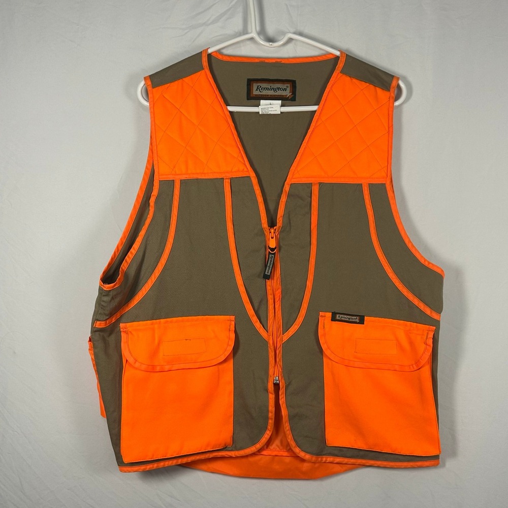 Remington Hunting Vest Mens Large Orange Tan Quilted Shoulder Game Pouch Zip Up